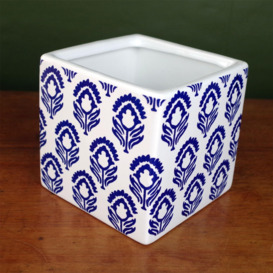 Ceramic Cube Planter Blue White Print Plant Pot