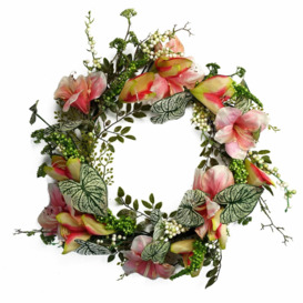 60cm Artificial Pink Lily Flower Wreath - thumbnail 1