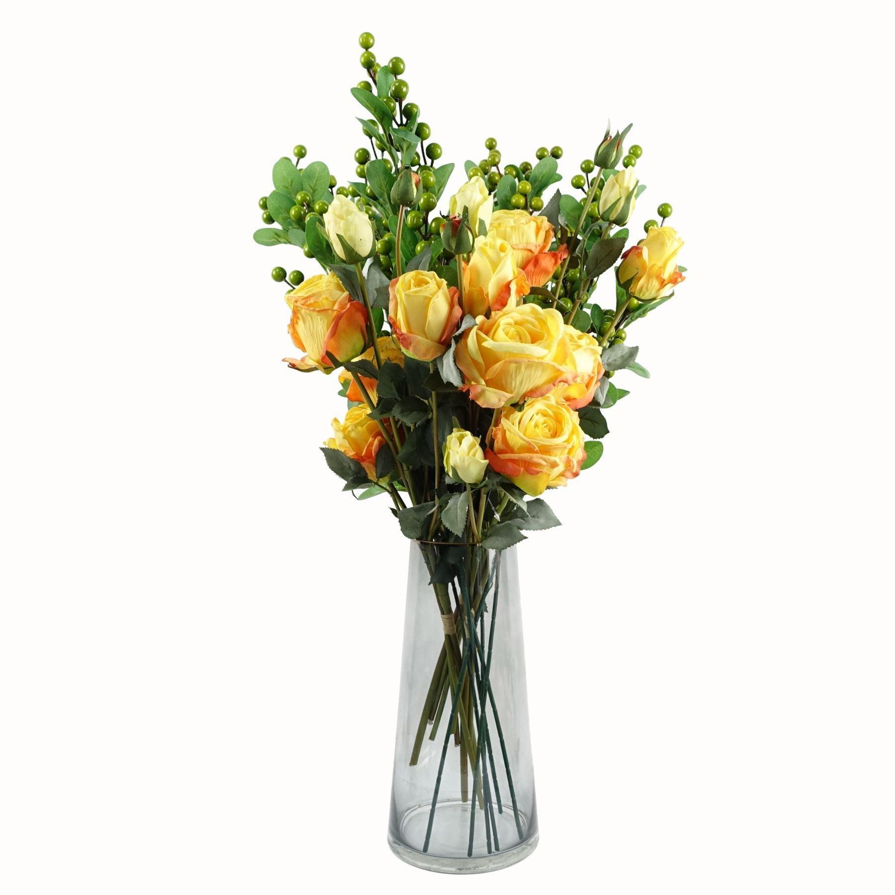 Leaf 60cm Yellow Rose Artificial Flowers Glass Vase - image 1