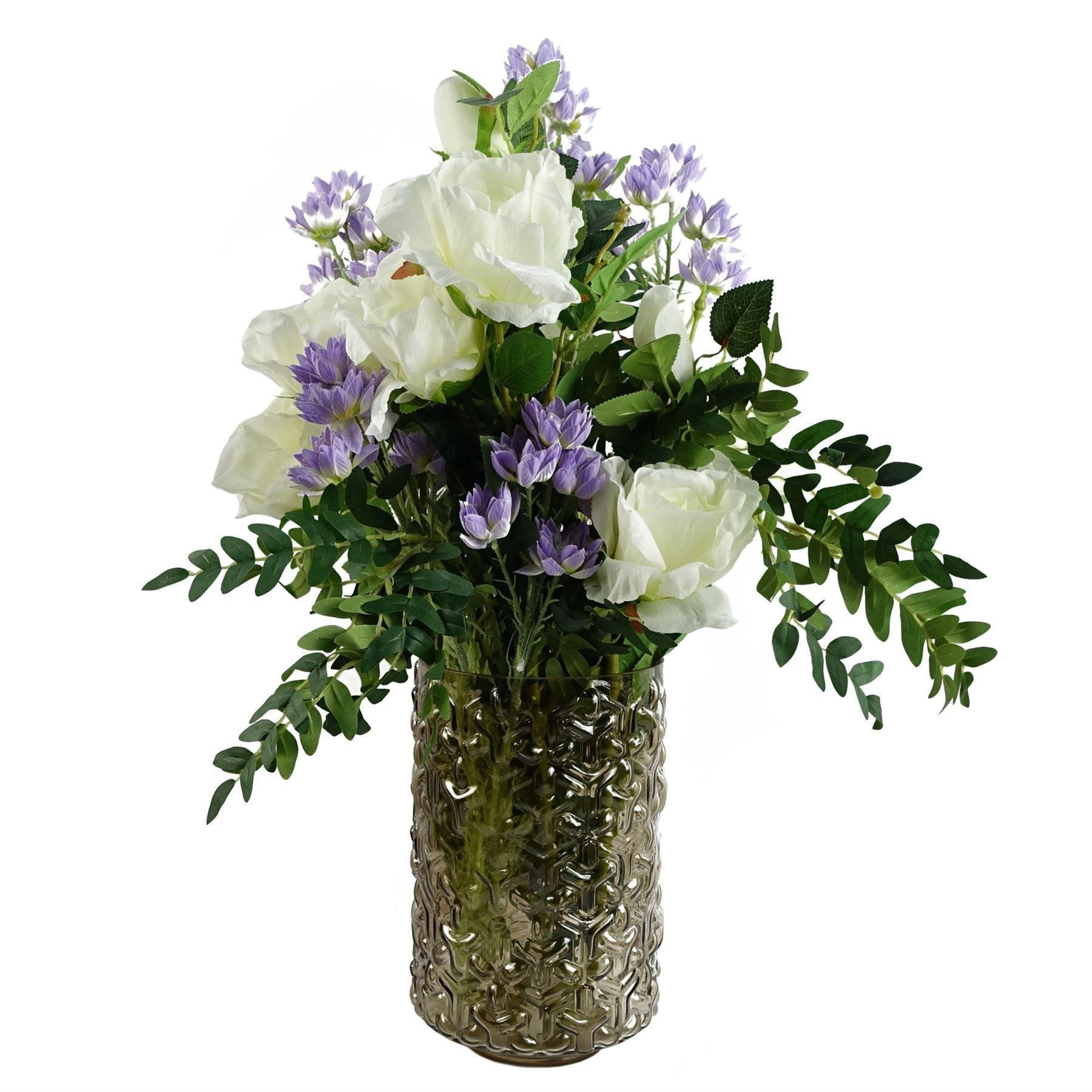 Leaf 60cm White Rose Purple Starflower Display Glass Vase - image 1