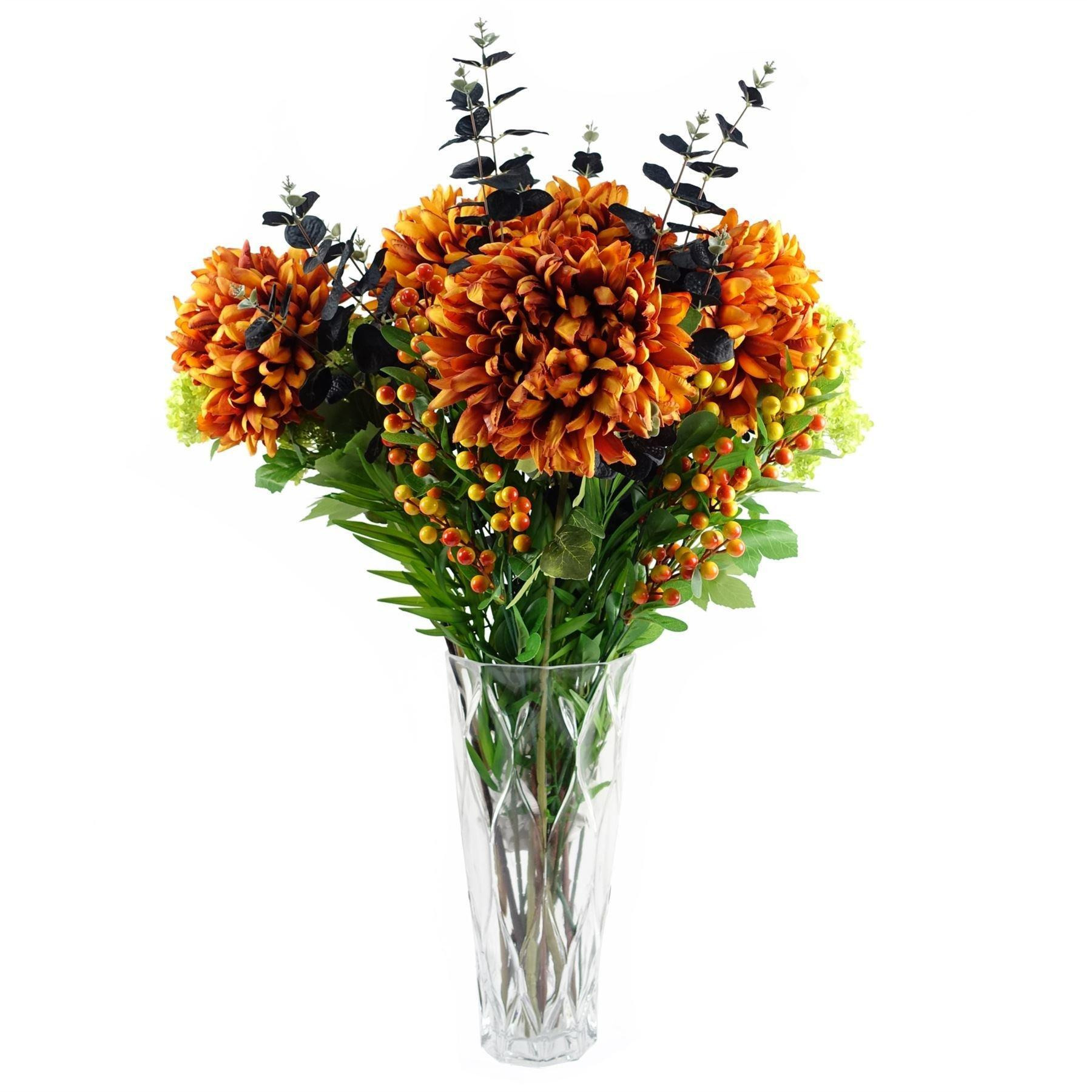 Leaf 80cm Orange Chrysanthemum Foliage and Glass Vase - image 1