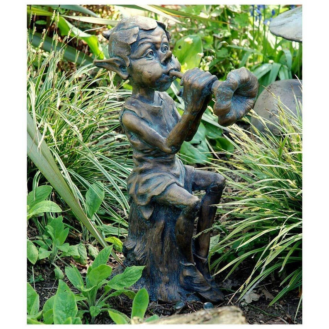 Piping Pixie Garden Sculpture Playing a Flower Flute - image 1