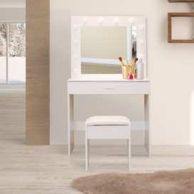 Hollywood Dressing Table with Hollywood LED Lights Mirror, Vanity Table Set with Drawer and Cushioned Stool, Modern Bedroom Makeup Table Dressing Kit