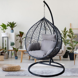 Rattan Weave Hanging Egg Chair with Cushions for Indoor Outdoor Swing Patio Garden - Grey