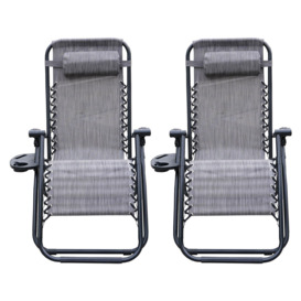 Set Of 2 Grey Heavy Duty Zero Gravity Chairs With Cupholders Garden Outdoor Patio Sun Loungers Folding Reclining Chairs