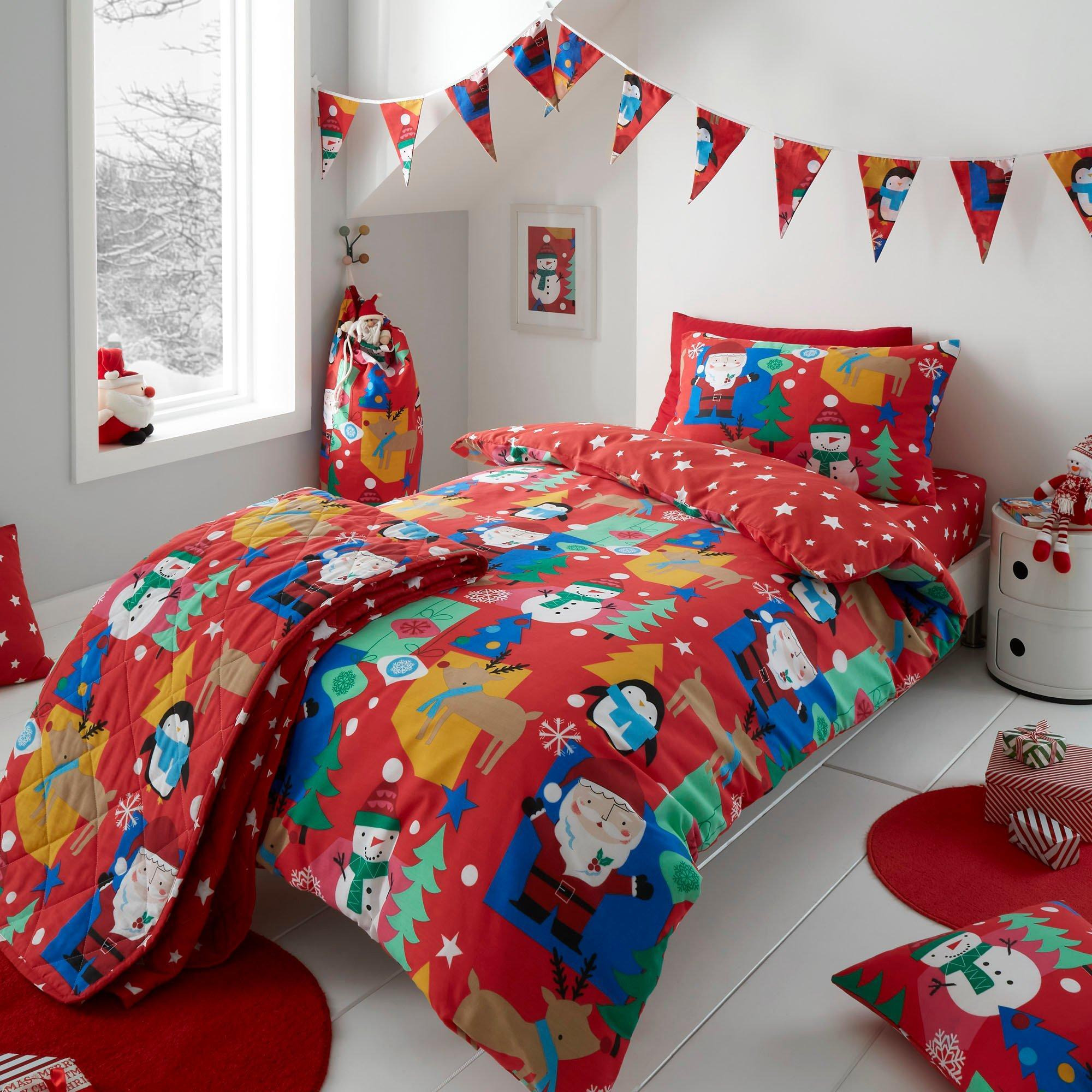 Kids Jolly Christmas Xmas Santa Red Reversible Duvet Cover Bedding Set - image 1