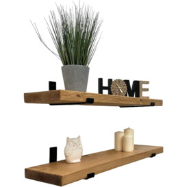 Handcrafted Rustic Wooden Wall-Mounted Floating Shelves with Black L Brackets, Kitchen Living Room Decor(Set of 2, 70 cm Long)