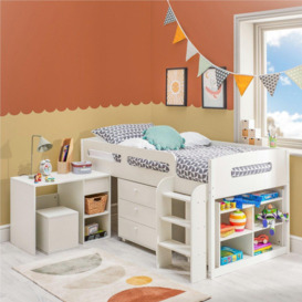 Cabin Bed Mid Sleeper Single Bed Frame With Drawers Desk Bookshelf & Ladders White Storage Bed