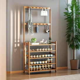 Bamboo Clothes Rack With 12 Hooks & 5 Tier Shoe Storage