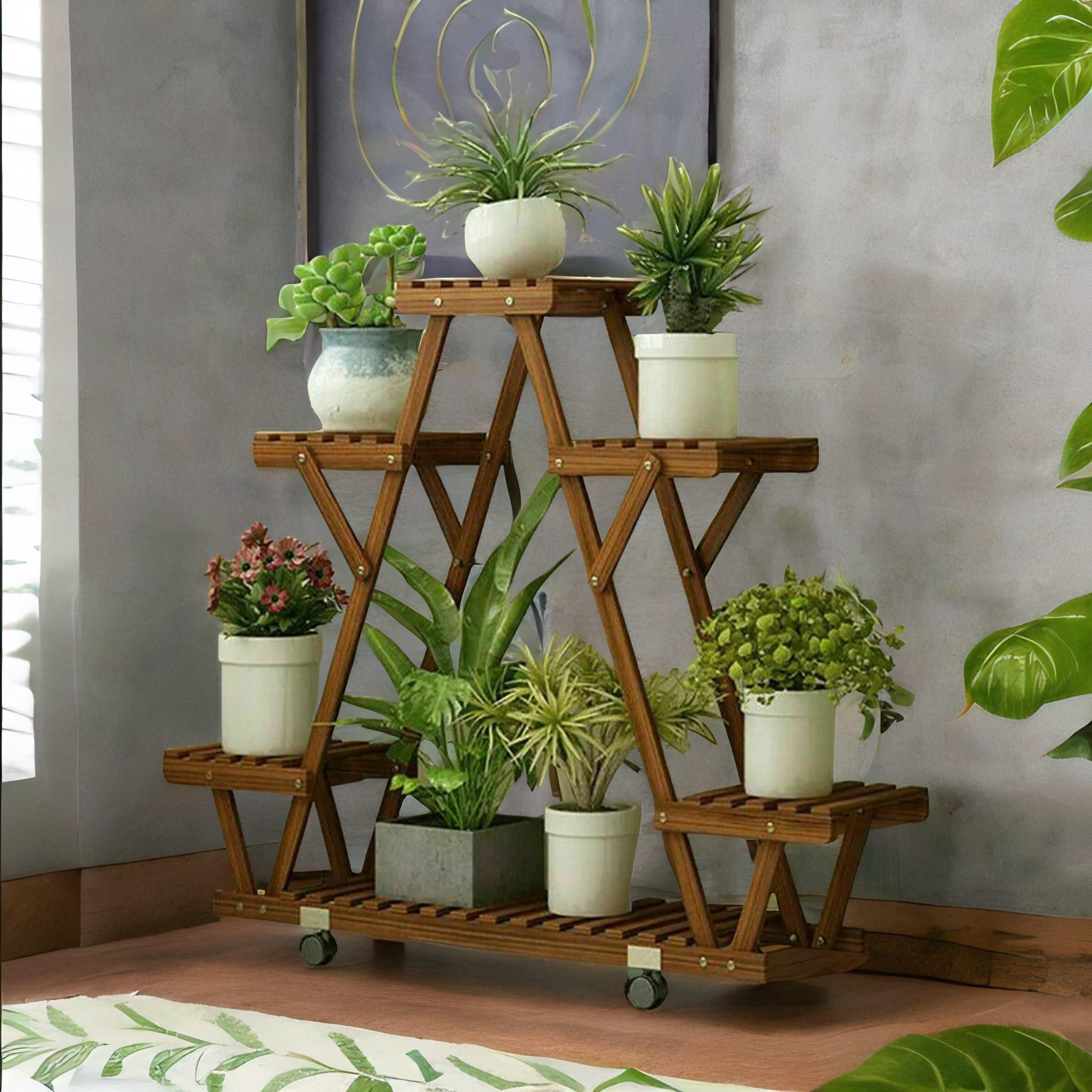 6 Tier Bamboo Wooden Plant Stand With Lockable Wheels - image 1