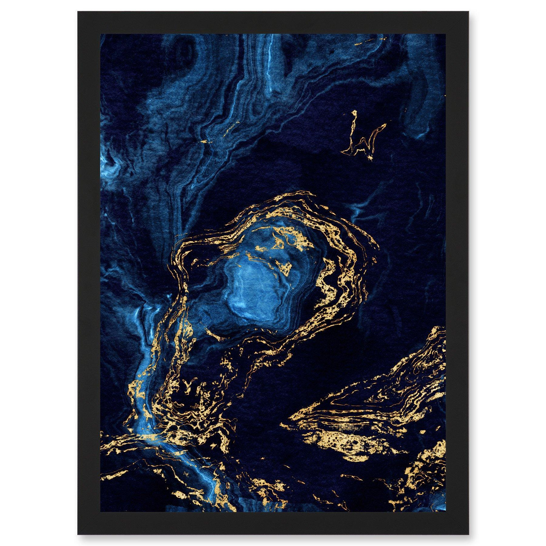 Abstract Dark Blue Gold Waves Modern Artwork Framed Wall Art Print A4 - image 1