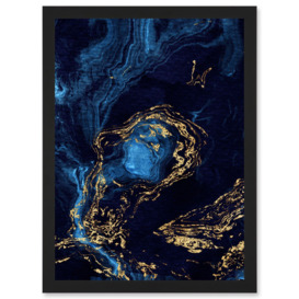 Abstract Dark Blue Gold Waves Modern Artwork Framed Wall Art Print A4 - thumbnail 1