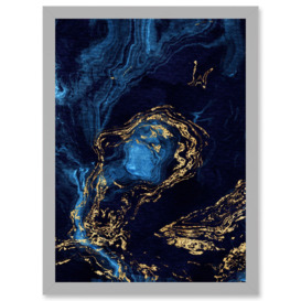 Abstract Dark Blue Gold Waves Modern Artwork Framed Wall Art Print A4