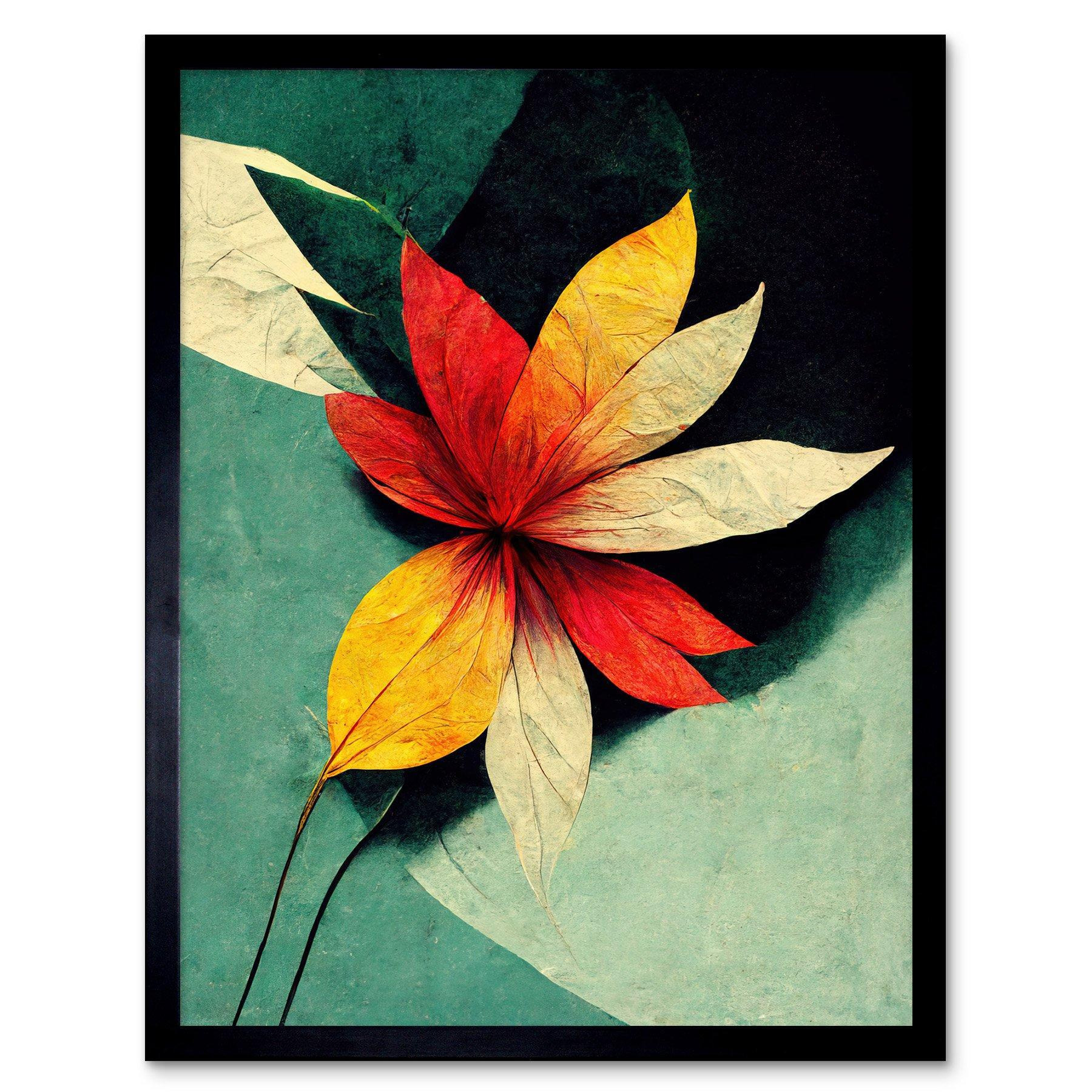 Abstract Flowers Teal Red Yellow Art Print Framed Poster Wall Decor 12x16 inch - image 1