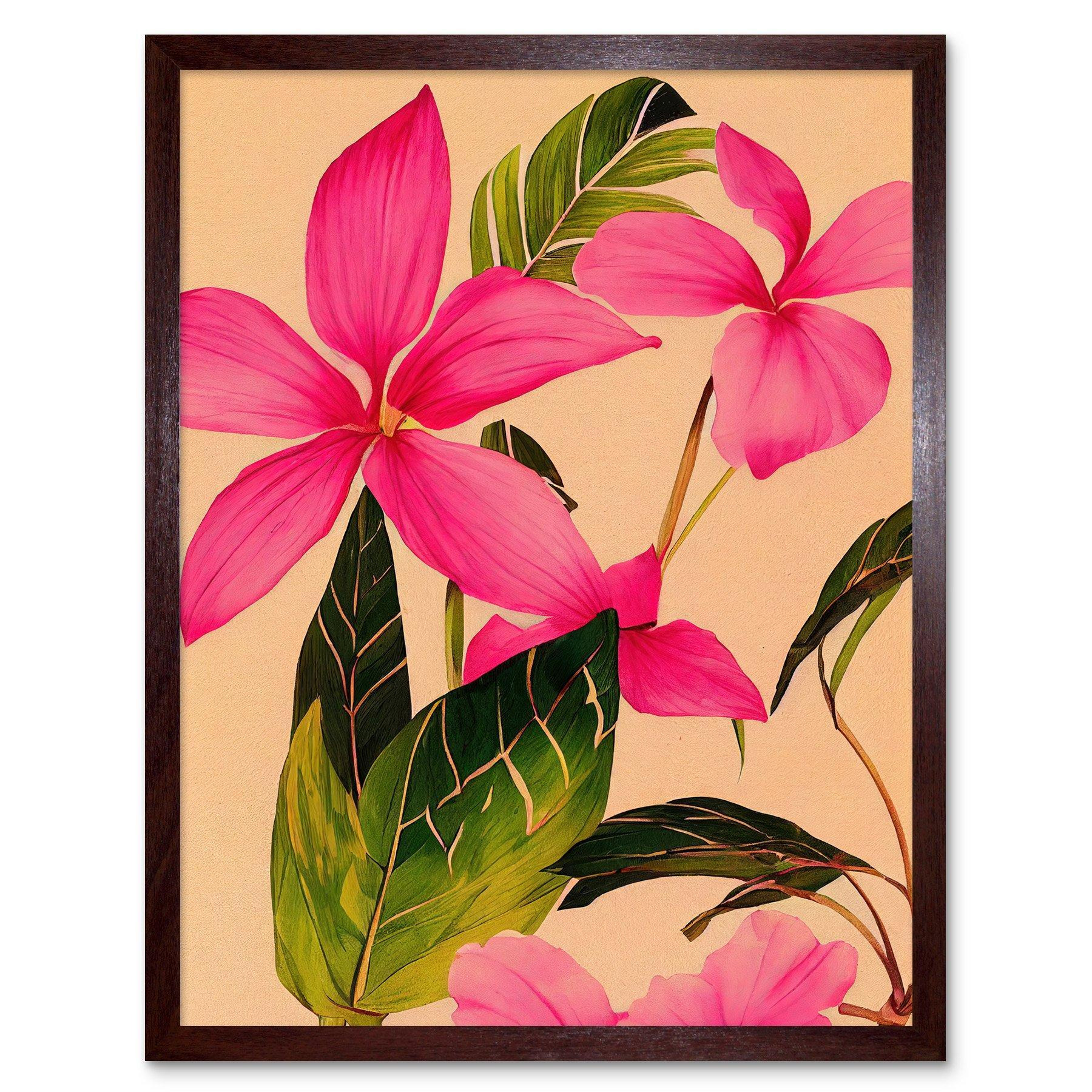 Exotic Pink Plumeria Flower Plant Blooms Watercolour Pencil Illustration Art Print Framed Poster Wall Decor 12x16 inch - image 1