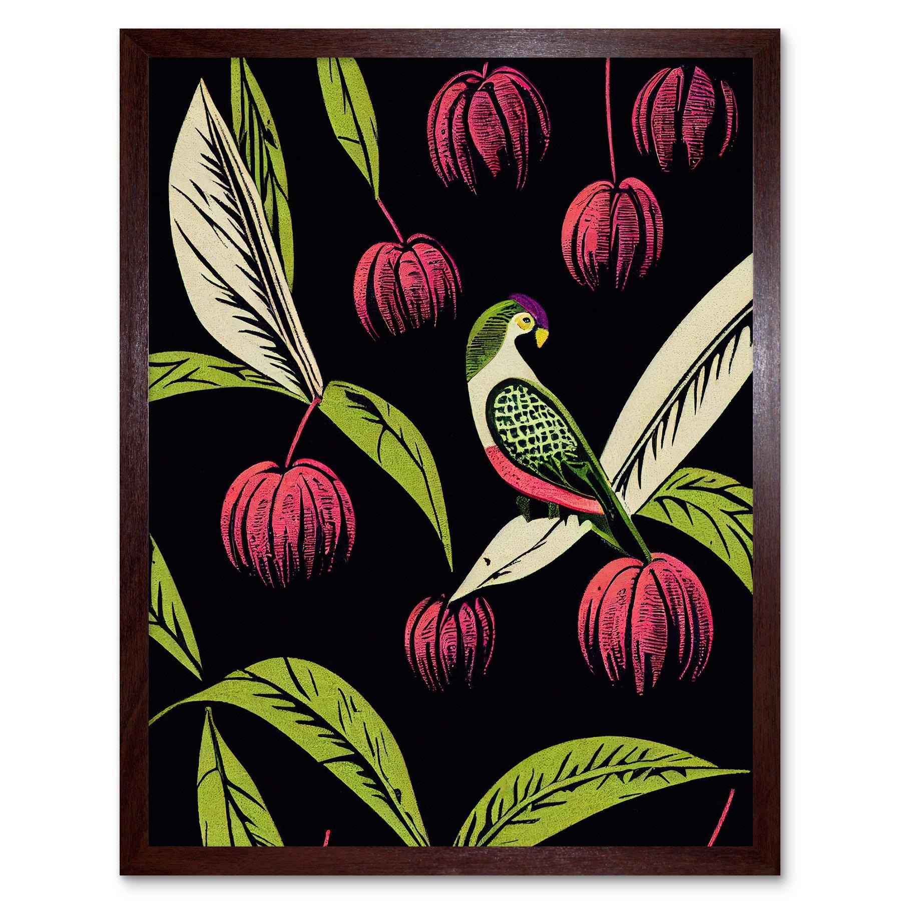 Parrot in Tree Fruit Bright Green and Pink Black Colour Linocut Illustration Modern Vintage Art Print Framed Poster Wall Decor 12x16 inch - image 1