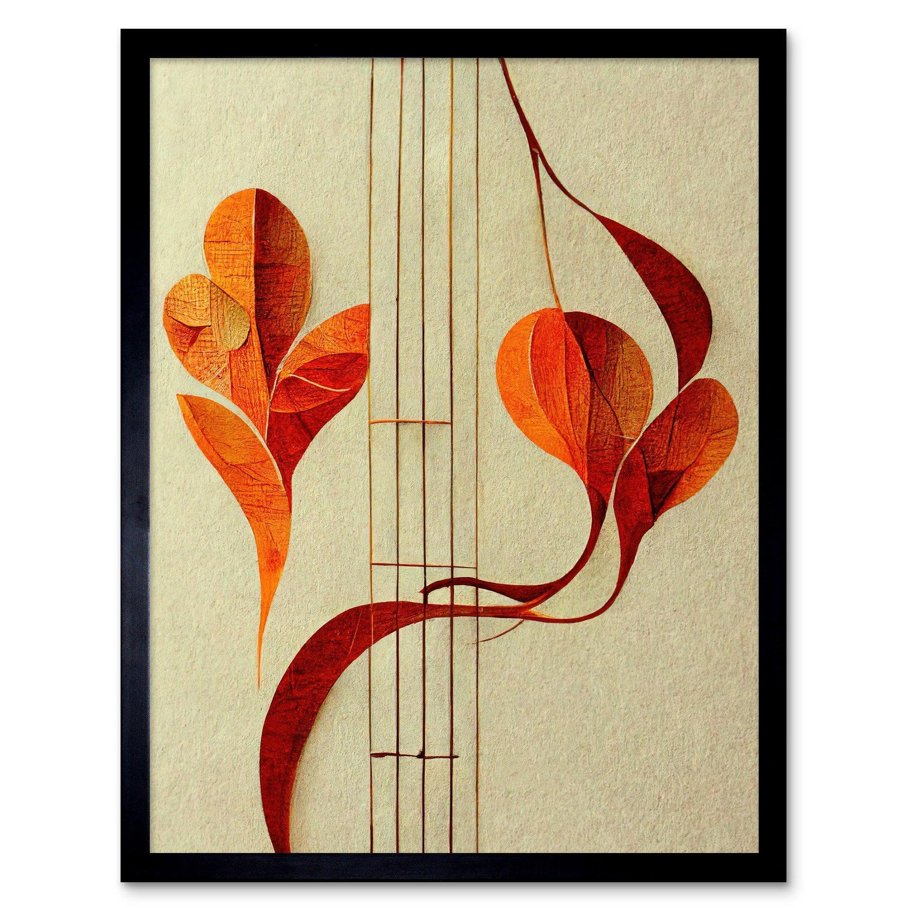Wall Art Print Modern Abstract Orange Autumn Leaf and Musical Notes Music Staff Lines Art Framed - image 1