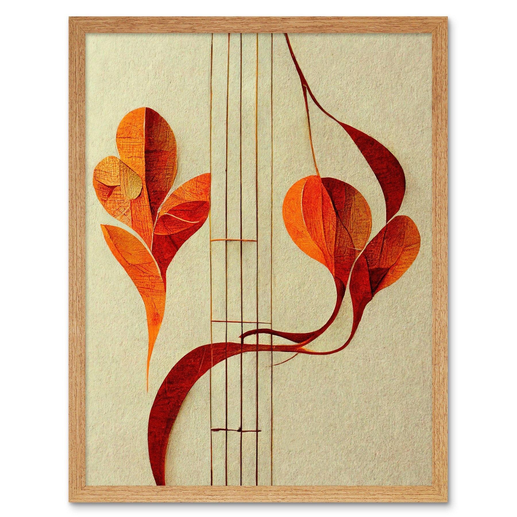 Modern Abstract Orange Autumn Leaf and Musical Notes Music Staff Lines Art Print Framed Poster Wall Decor 12x16 inch - image 1