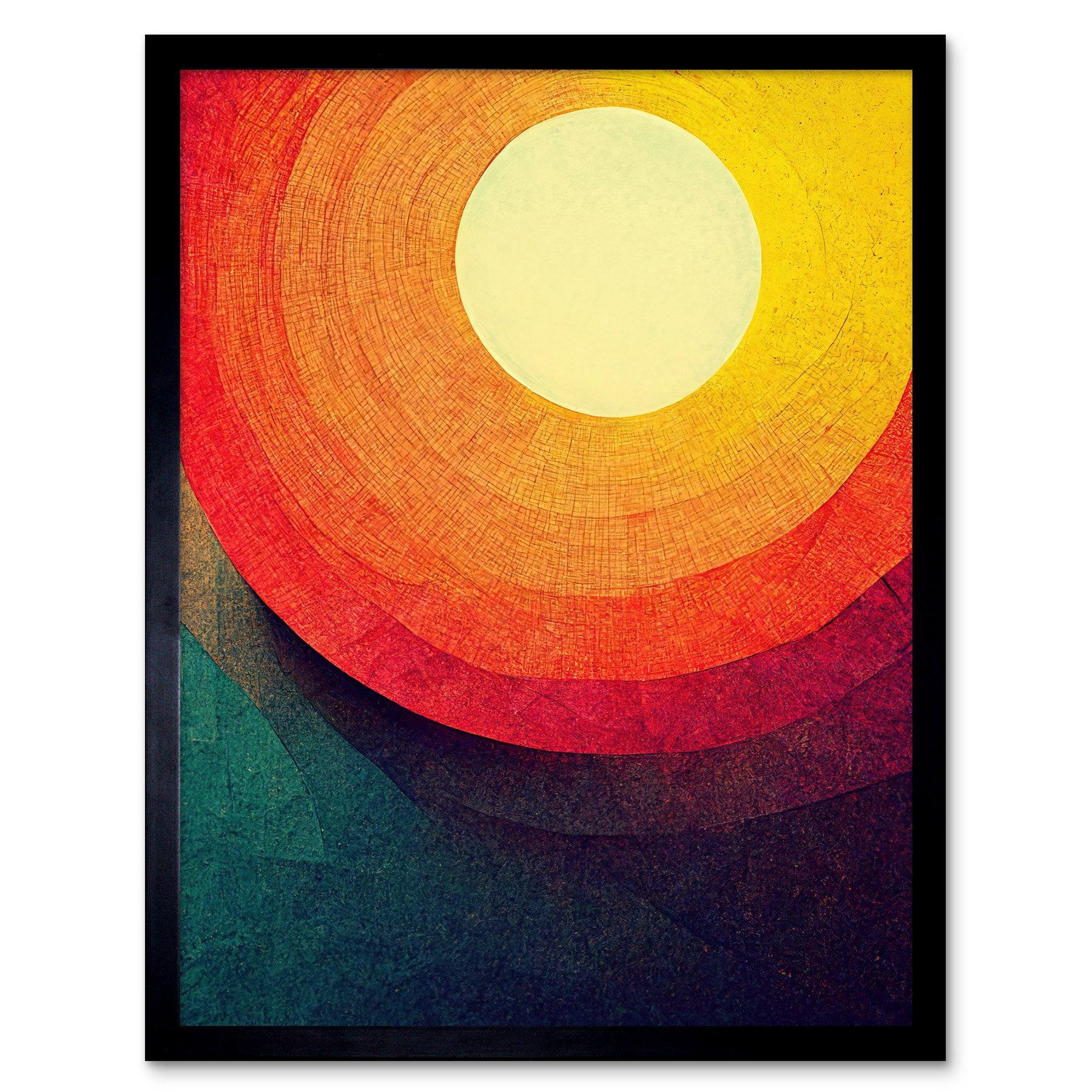 Abstract Sunrise Sunset Sunshine Retro Style Yellow Orange Cream Teal Art Print Framed Poster Wall Decor 12x16 inch - image 1