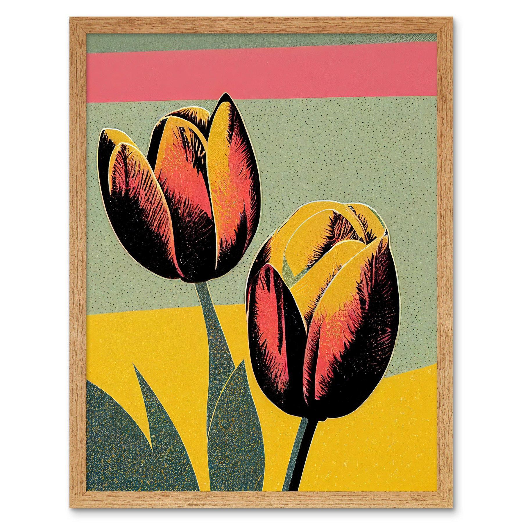 Bright Modern Silkscreen Tulip Blooms Stencil Dusky Pink Sage Green Mustard Yellow Art Print Framed Poster Wall Decor 12x16 inch - image 1