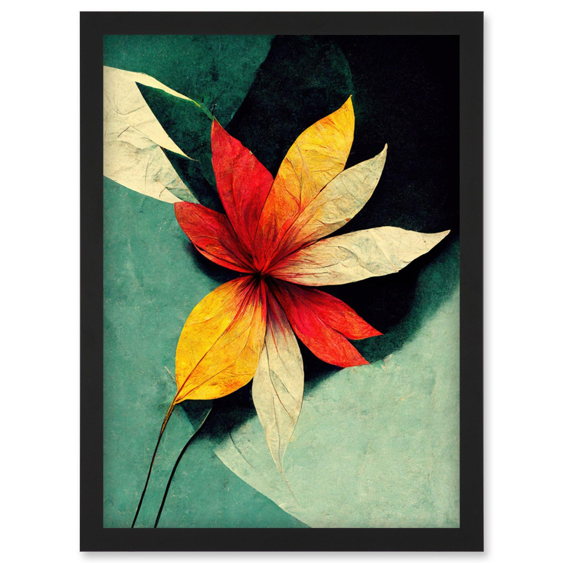 Abstract Flowers Teal Red Yellow Artwork Framed Wall Art Print A4 - image 1