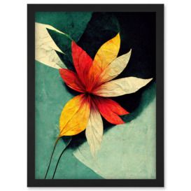 Abstract Flowers Teal Red Yellow Artwork Framed Wall Art Print A4