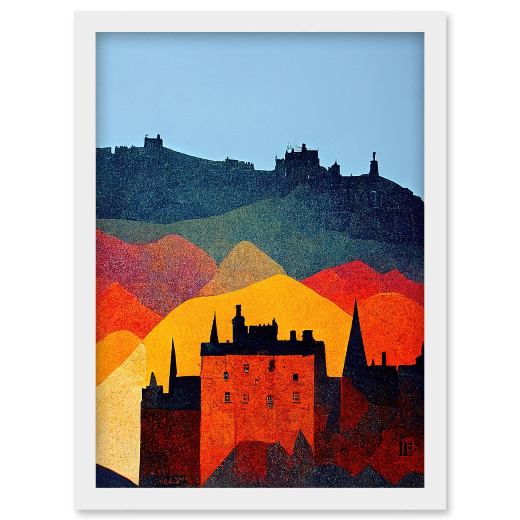 Edinburgh in Autumn Scotland Scottish Modern Folk Art Multi Coloured Cityscape Artwork Framed Wall Art Print A4 - image 1