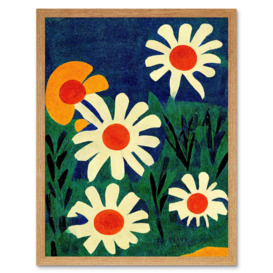 Meadow of Daisies Floral Flower Illustration Matisse Vintage Style Red Cream Blue Green Painting Art Print Framed Poster Wall Decor 12x16 inch