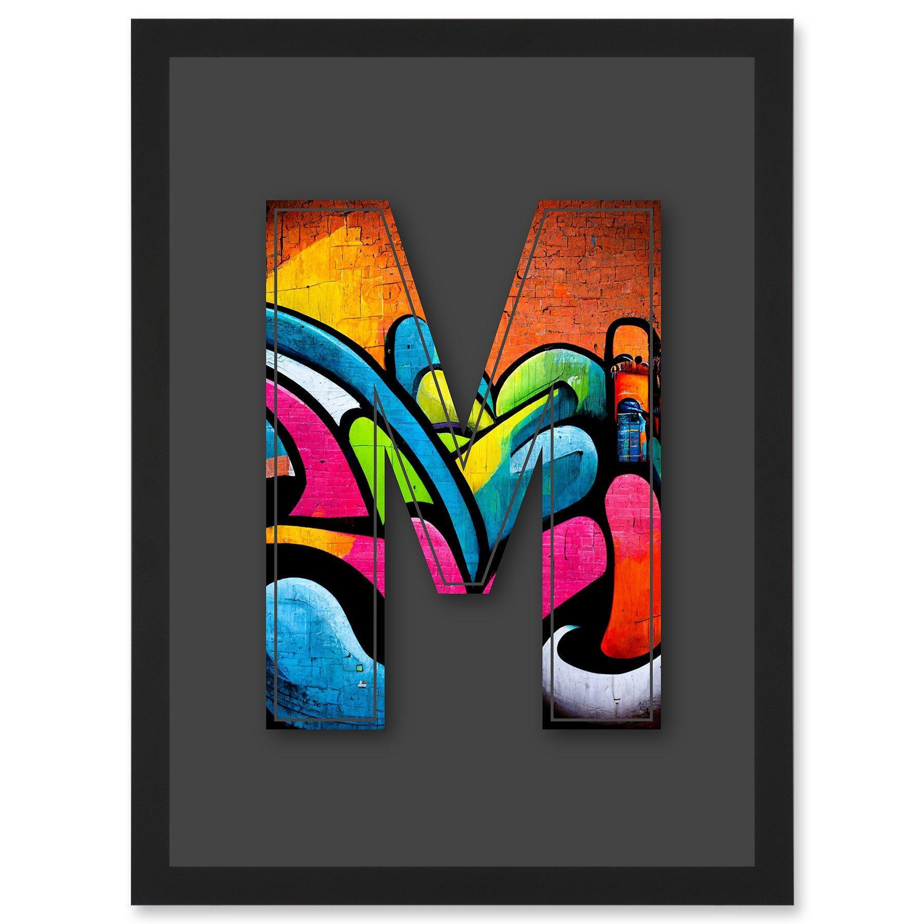 Letter M Tagging Orange Blue Pink Decorative Graffiti Mural Alphabet Initial Stencil Artwork Framed Wall Art Print A4 - image 1