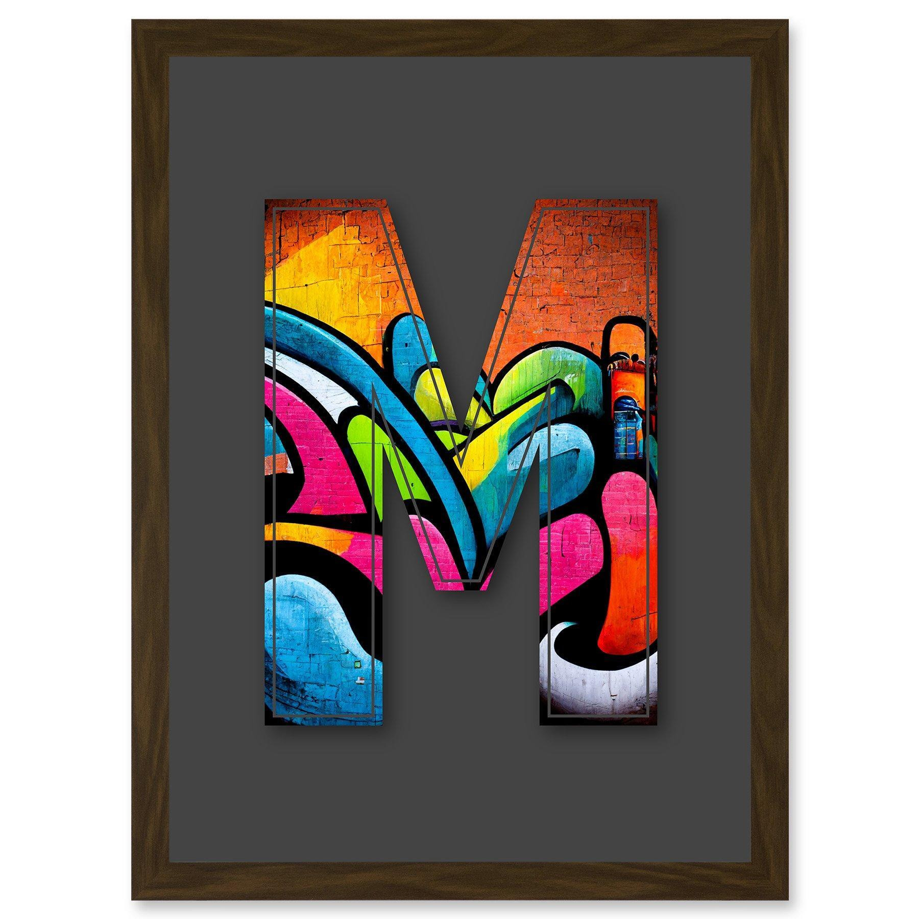 Letter M Tagging Orange Blue Pink Decorative Graffiti Mural Alphabet Initial Stencil Artwork Framed Wall Art Print A4 - image 1