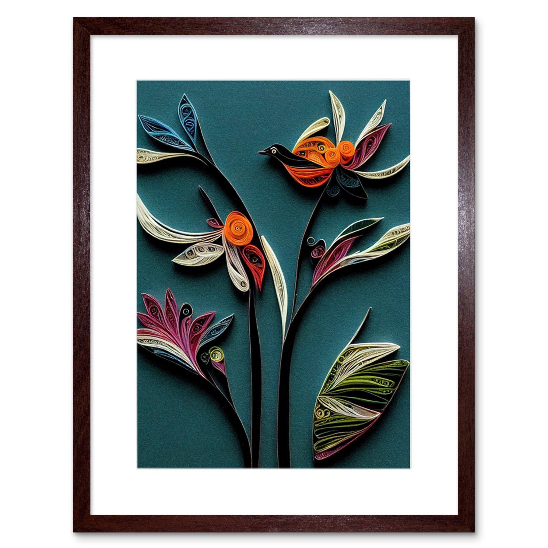 Modern Paper Quilling Bird on Exotic Flower Plant Leaves Blue Orange Teal Artwork Framed Wall Art Print 9X7 Inch - image 1