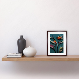 Modern Paper Quilling Bird on Exotic Flower Plant Leaves Blue Orange Teal Artwork Framed Wall Art Print 9X7 Inch - thumbnail 2