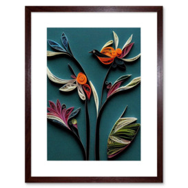 Modern Paper Quilling Bird on Exotic Flower Plant Leaves Blue Orange Teal Artwork Framed Wall Art Print 9X7 Inch