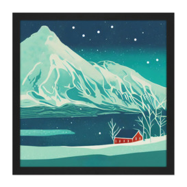 The Red House Norway Fjords Winter Mountains Night Sky Stars Snow Hills Square Framed Wall Art Print Picture 16X16 Inch