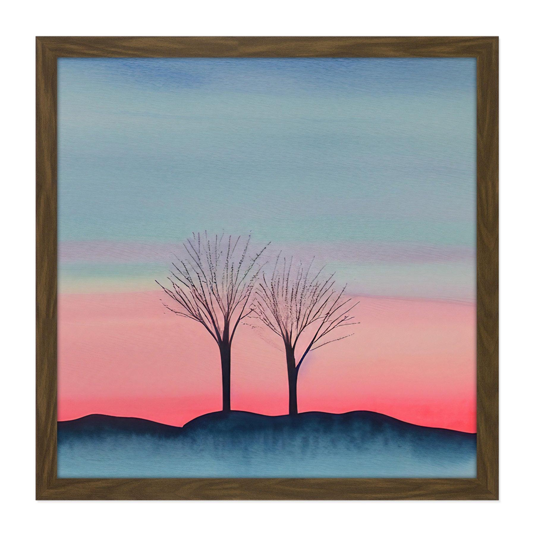 Two Winter Trees Sunset Simple Landscape Soft Watercolour Painting Square Framed Wall Art Print Picture 16X16 Inch - image 1