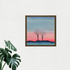 Two Winter Trees Sunset Simple Landscape Soft Watercolour Painting Square Framed Wall Art Print Picture 16X16 Inch - thumbnail 2