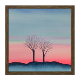 Two Winter Trees Sunset Simple Landscape Soft Watercolour Painting Square Framed Wall Art Print Picture 16X16 Inch