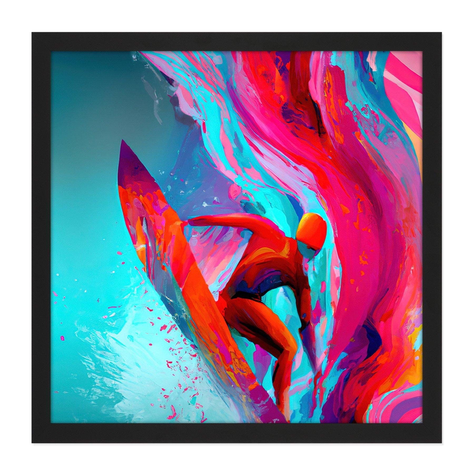 Surfer Riding Wave Sea Abstract Vibrant Bright Watercolour Surfing Pink Turquoise Water Sport Square Framed Wall Art Print Picture 16X16 Inch - image 1