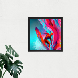 Surfer Riding Wave Sea Abstract Vibrant Bright Watercolour Surfing Pink Turquoise Water Sport Square Framed Wall Art Print Picture 16X16 Inch - thumbnail 3