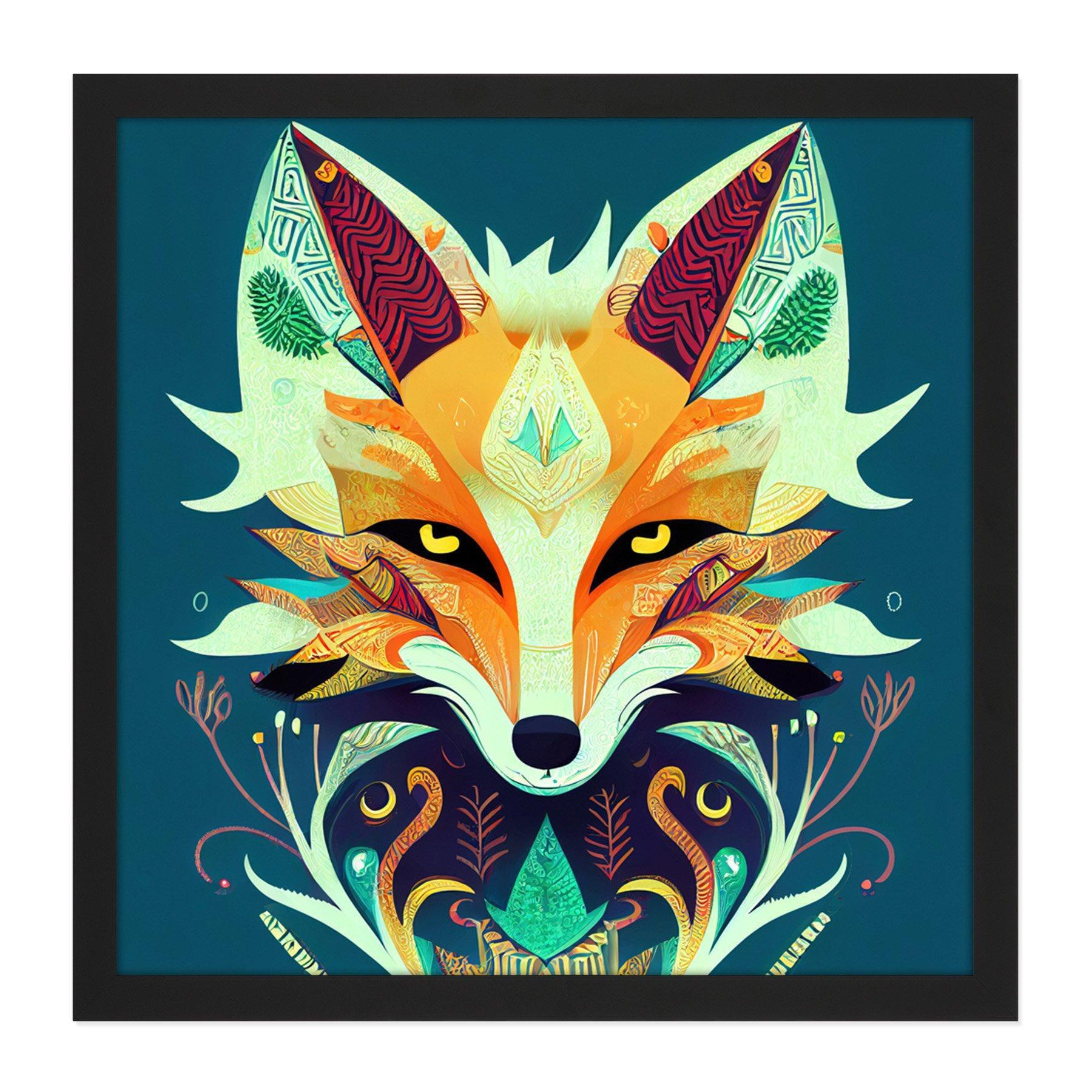 Contemporary Folk Style Fox Abstract Face Portrait Illustration Orange Teal Square Framed Wall Art Print Picture 16X16 Inch - image 1