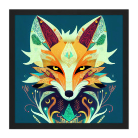 Contemporary Folk Style Fox Abstract Face Portrait Illustration Orange Teal Square Framed Wall Art Print Picture 16X16 Inch - thumbnail 1