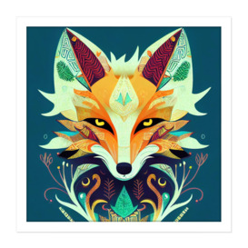 Contemporary Folk Style Fox Abstract Face Portrait Illustration Orange Teal Square Framed Wall Art Print Picture 16X16 Inch