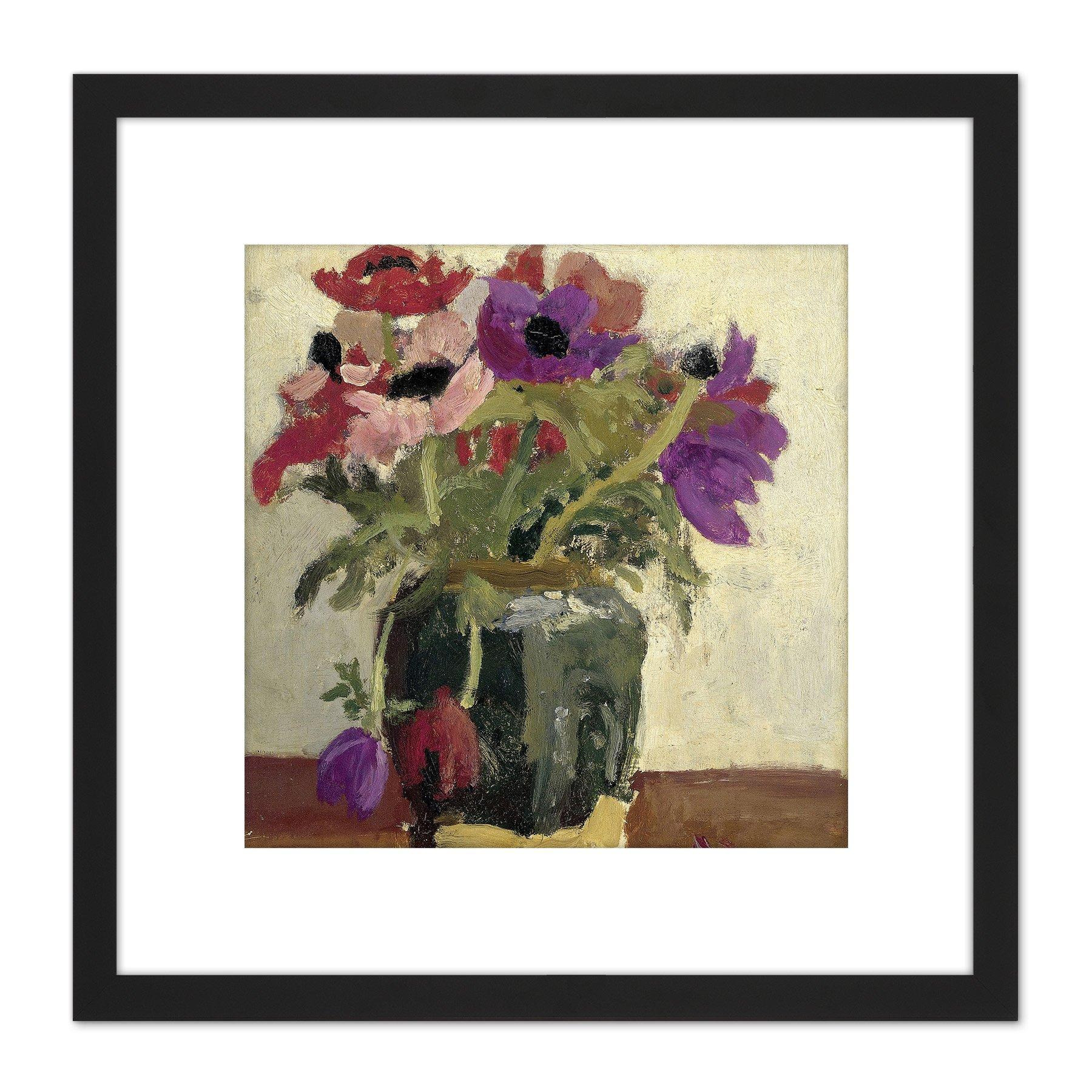 Breitner Ginger Pot With Anemones Painting 8X8 Inch Square Wooden Framed Wall Art Print Picture with Mount - image 1