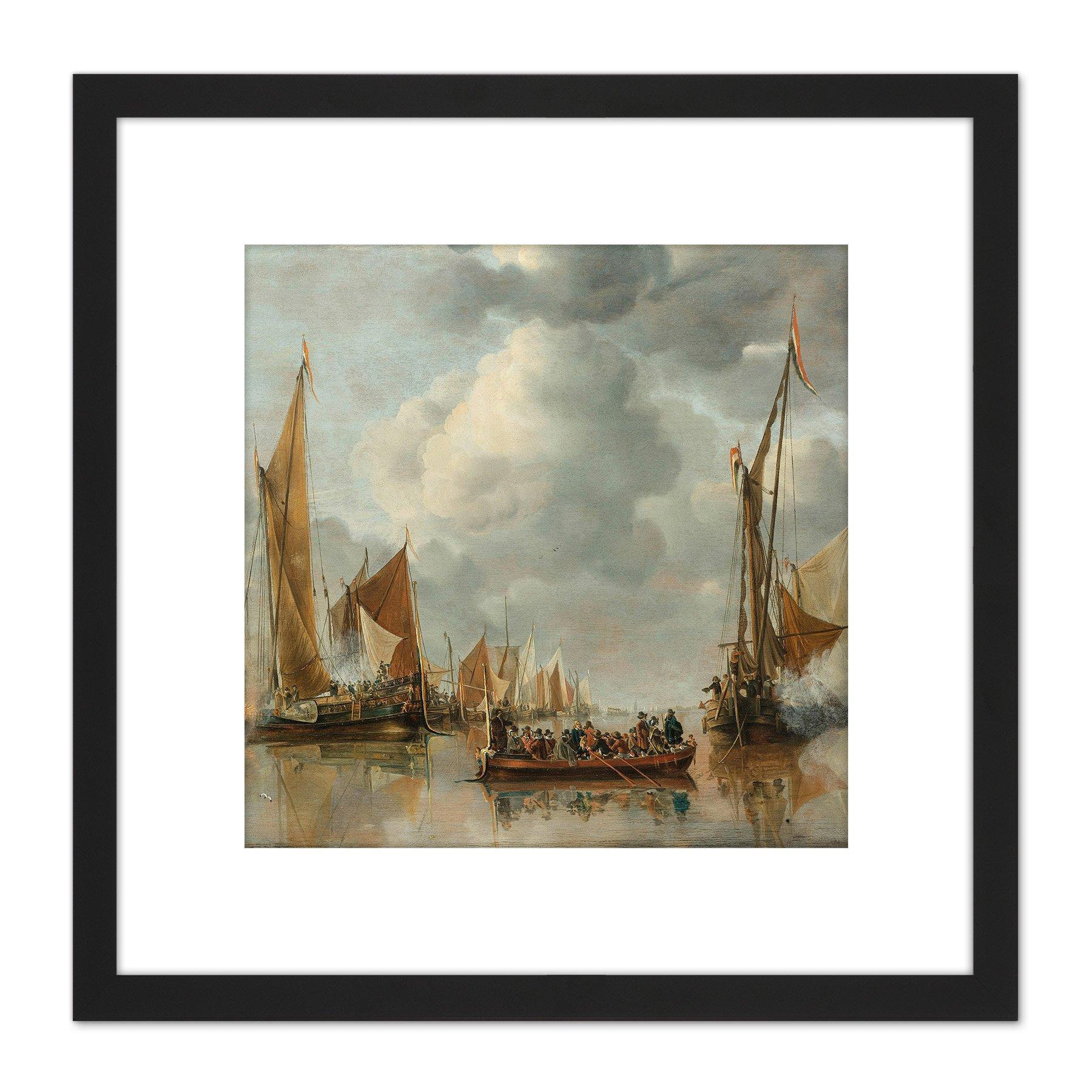 Van De Cappelle Fleet Saluting State Barge 8X8 Inch Square Wooden Framed Wall Art Print Picture with Mount - image 1