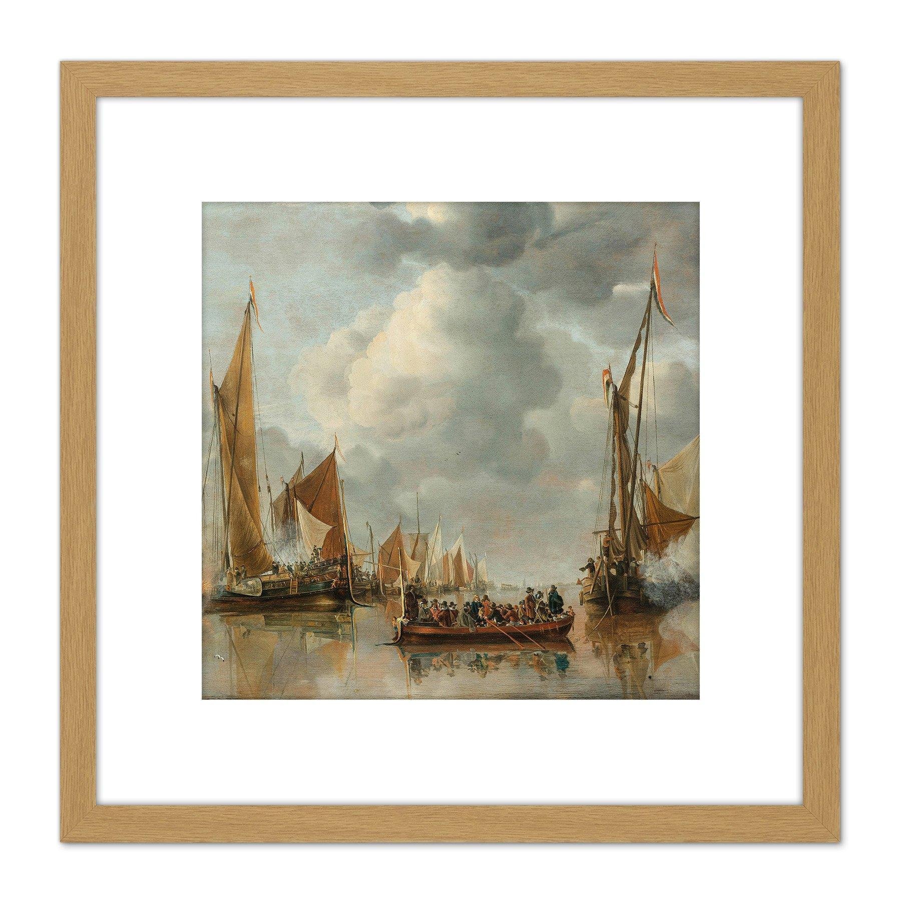 Van De Cappelle Fleet Saluting State Barge 8X8 Inch Square Wooden Framed Wall Art Print Picture with Mount - image 1