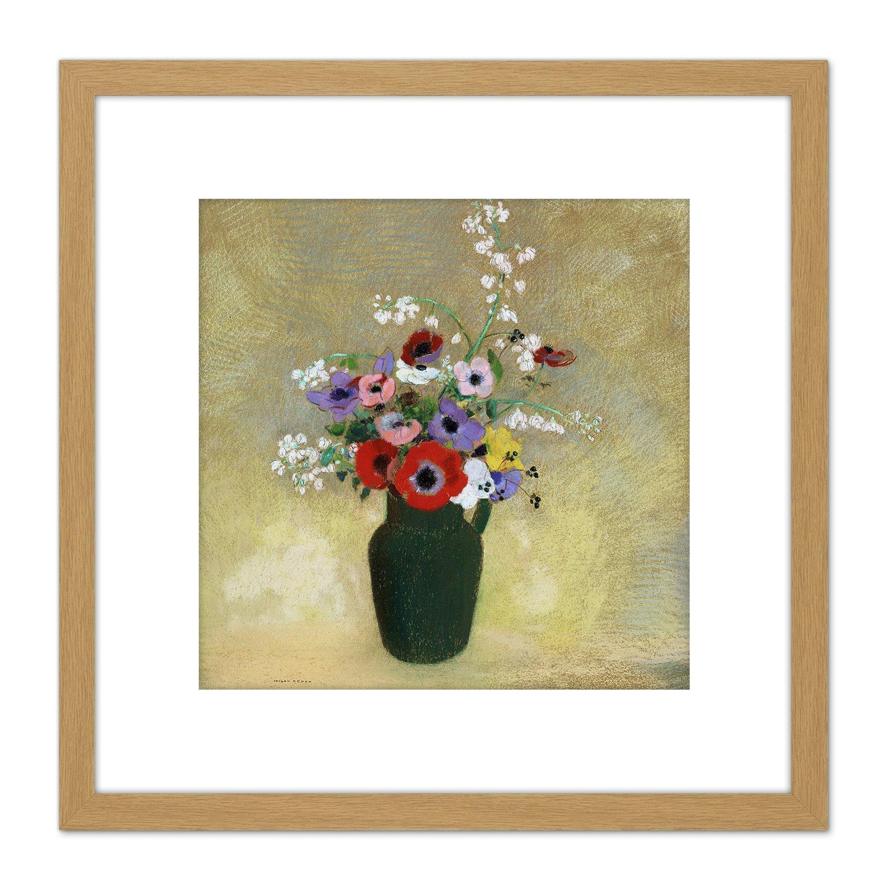 Odilon Redon Large Green Vase With Mixed Flowers 8X8 Inch Square Wooden Framed Wall Art Print Picture with Mount - image 1