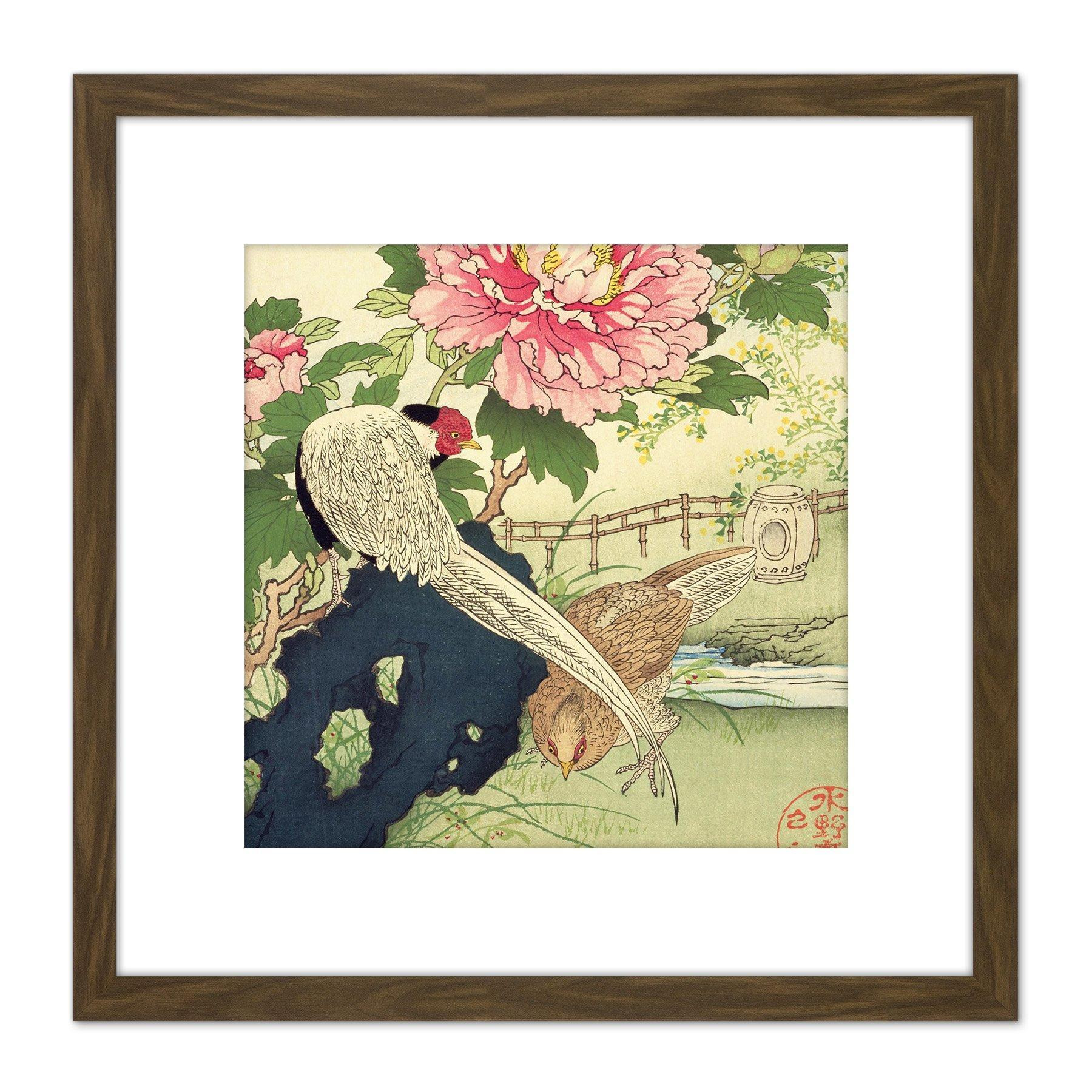 Bairei Kacho Gafu Spring Peony And Silver Pheasants 8X8 Inch Square Wooden Framed Wall Art Print Picture with Mount - image 1
