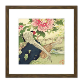 Bairei Kacho Gafu Spring Peony And Silver Pheasants 8X8 Inch Square Wooden Framed Wall Art Print Picture with Mount - thumbnail 1