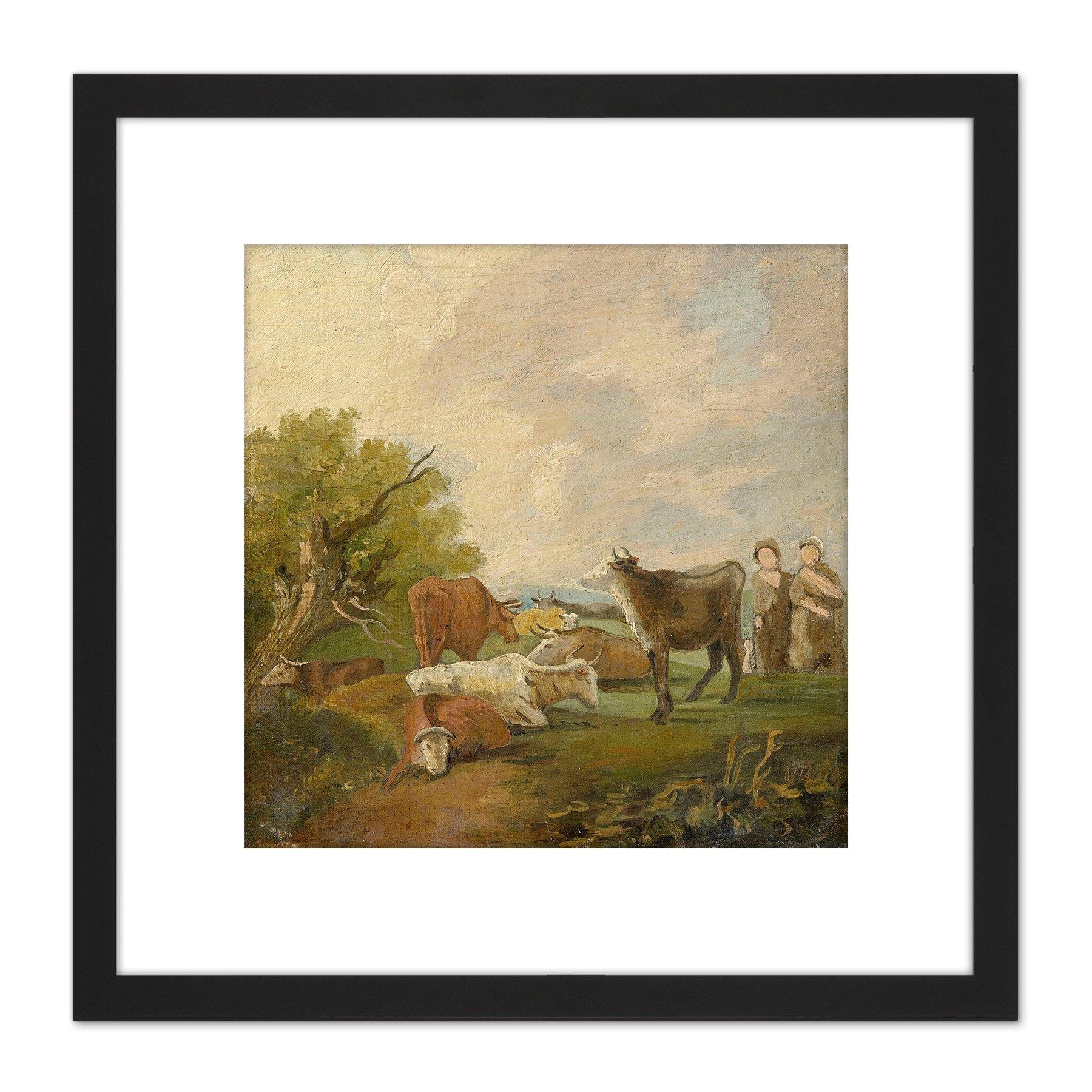 After Gainsborough Figures Ands Cows Field Painting 8X8 Inch Square Wooden Framed Wall Art Print Picture with Mount - image 1