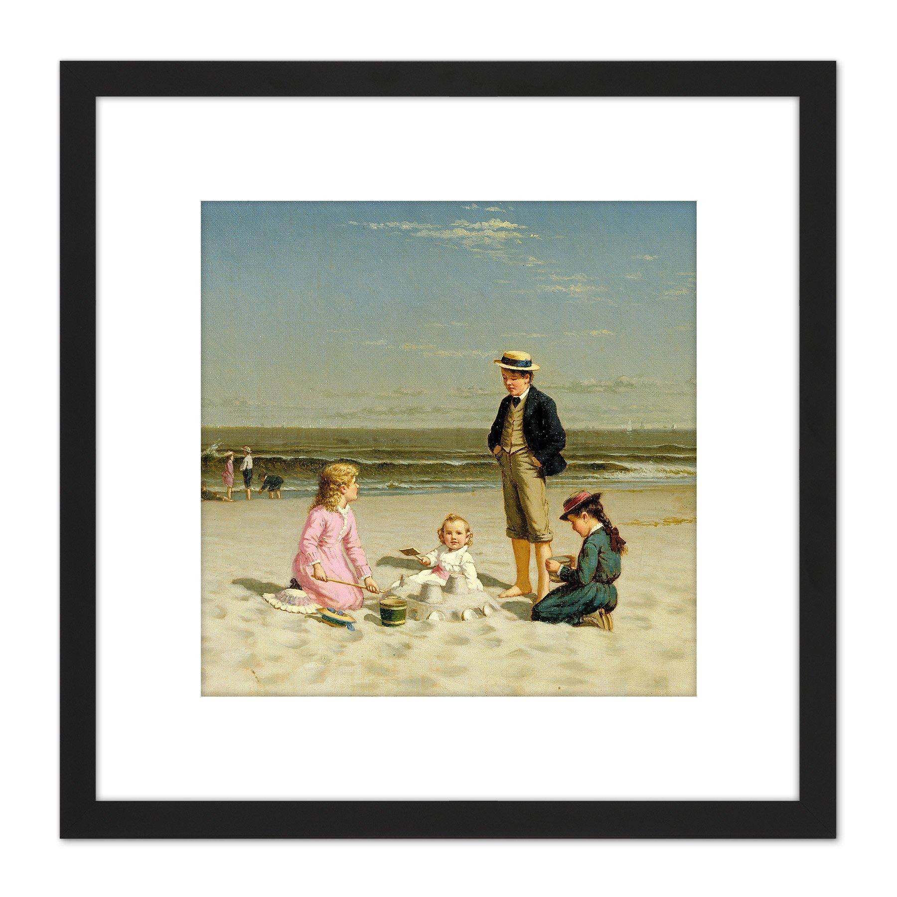 Carr Children Playing On The Beach 1879 Painting 8X8 Inch Square Wooden Framed Wall Art Print Picture with Mount - image 1